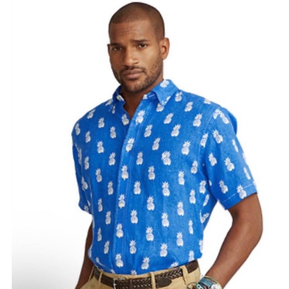 Ralph Lauren Shirt Mens 3XB Blue Short Sleeve 100% Linen Pineapple Hawaiian - Picture 3 of 10